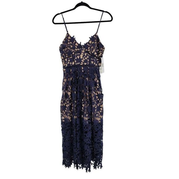 Aqua Bendita Lace Cami Midi Dress S Navy Spaghetti Fit Flare Ladder‎ Lace Bodice - Picture 6 of 13